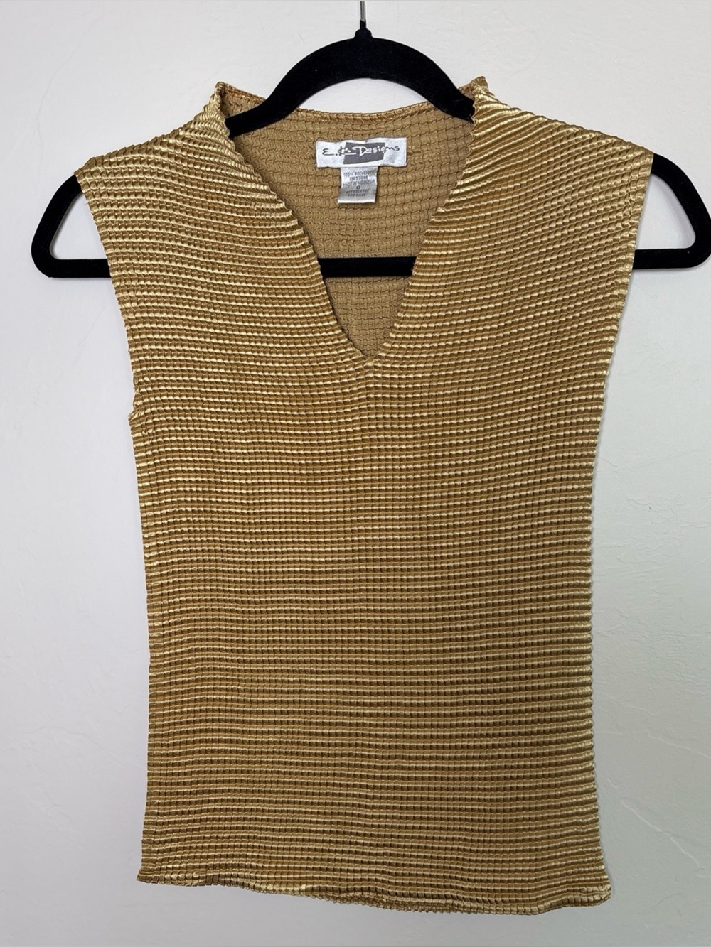 VTG EK Designs Waffle Stretchy Gold Tank Blouse V Neck Womens S Y2K 90s